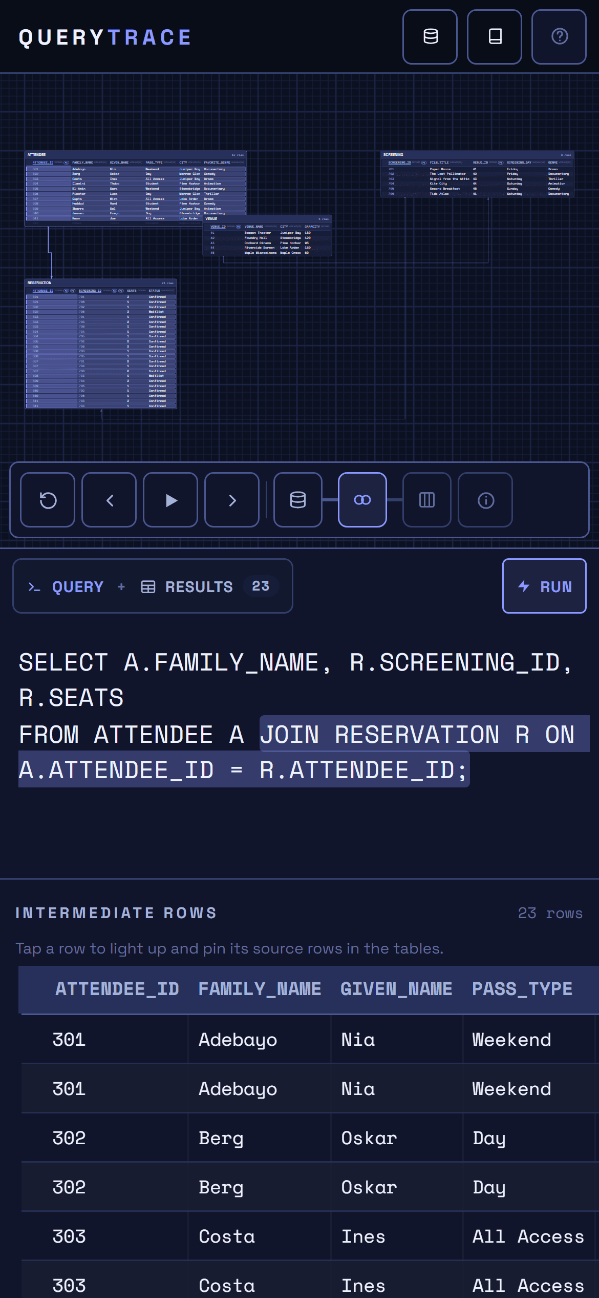QueryTrace on a phone: the schema canvas on top with the playback dock, and the query sheet below.