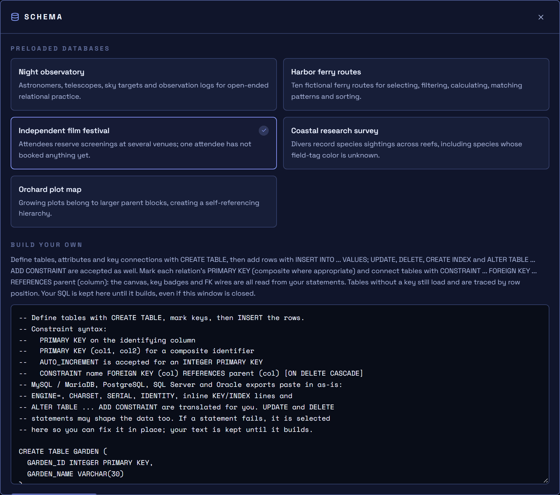 The schema dialog listing five preloaded databases and a Build Your Own editor.